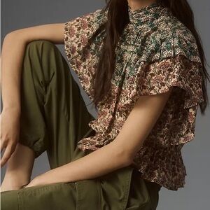Anthropologie - Let Me Be High-Neck Printed Peasant Blouse